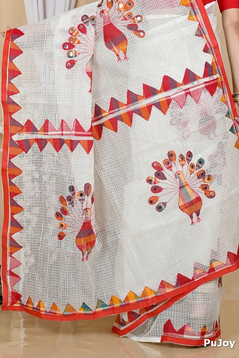 White Red Blended Cotton Aplika Applique Saree (1993)