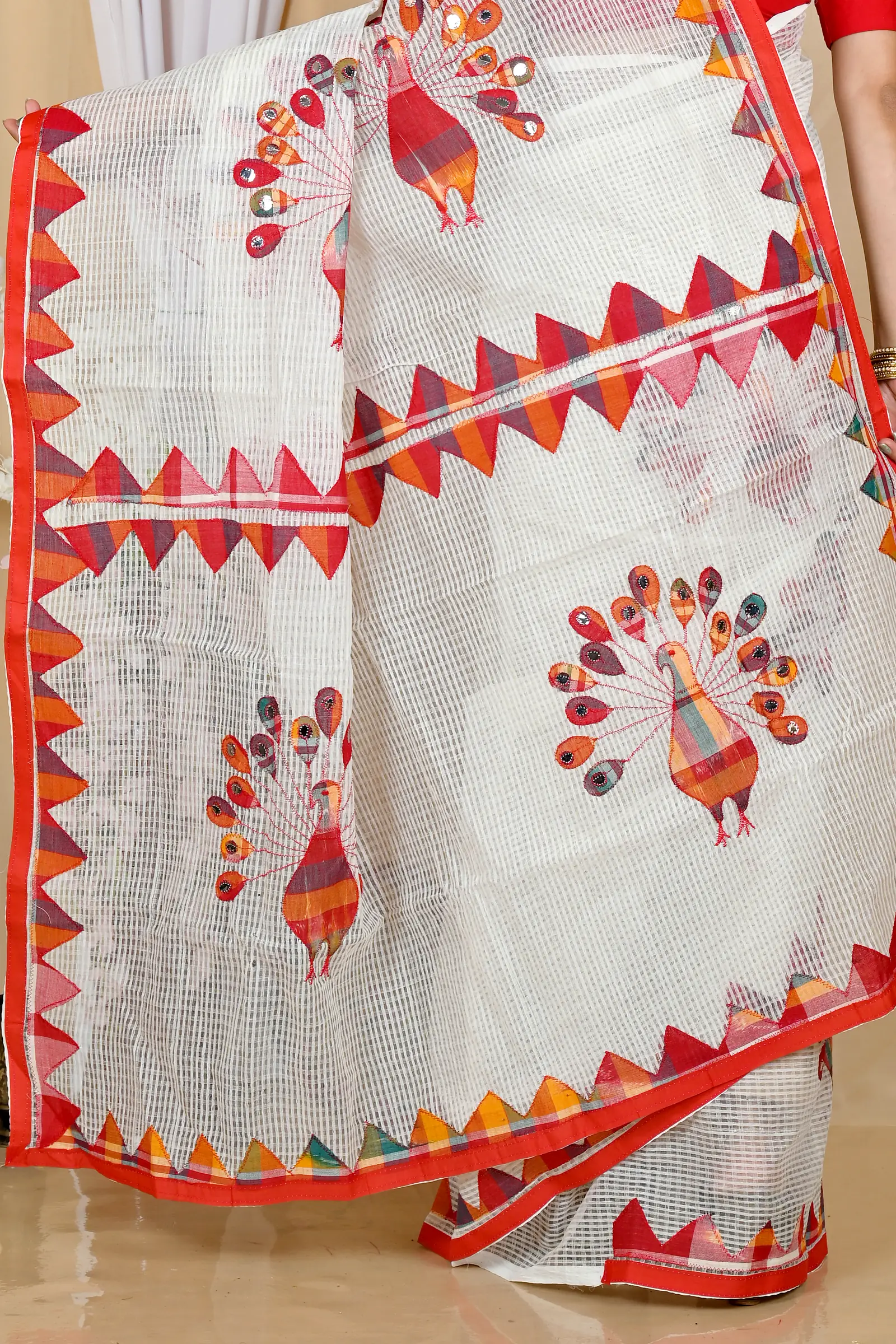 White Red Blended Cotton Aplika Applique Saree (1993)