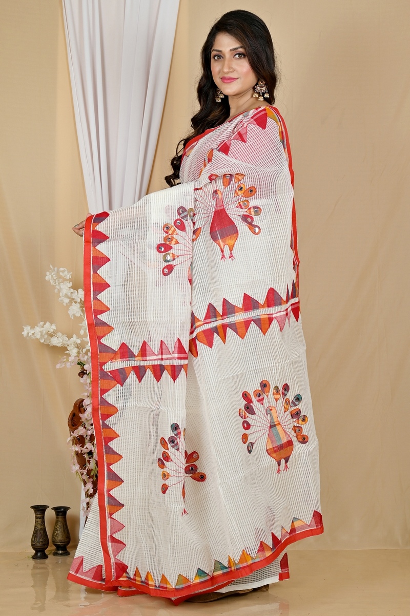 White Red Blended Cotton Aplika Applique Saree (1993)