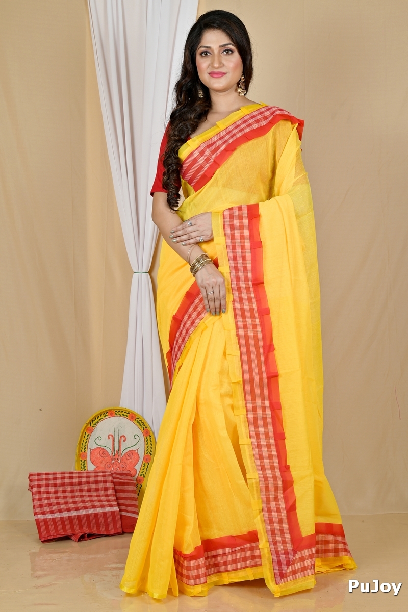 Yellow Blended Cotton Aplika Applique Saree (1994)