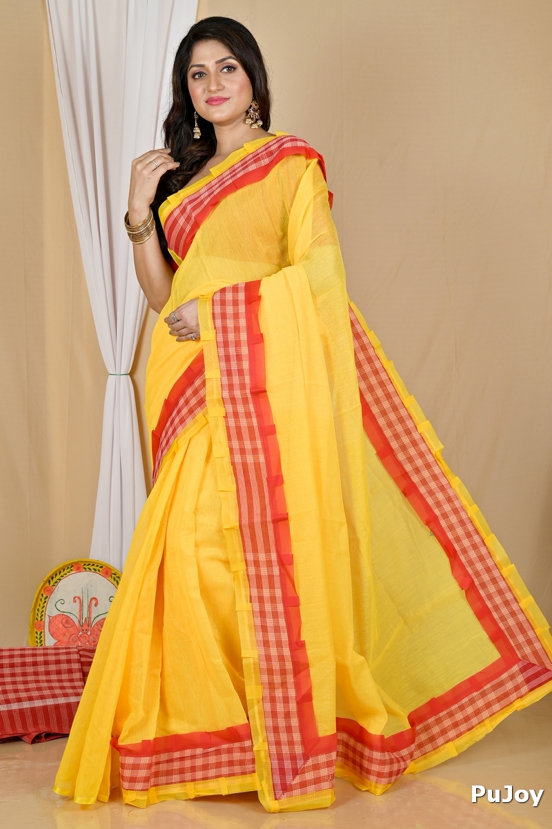 Yellow Blended Cotton Aplika Applique Saree (1994)