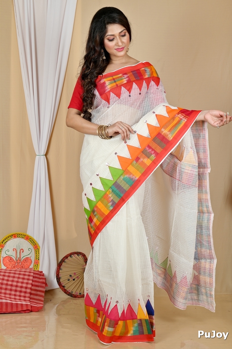 White Blended Cotton Aplika Applique Saree (1995)