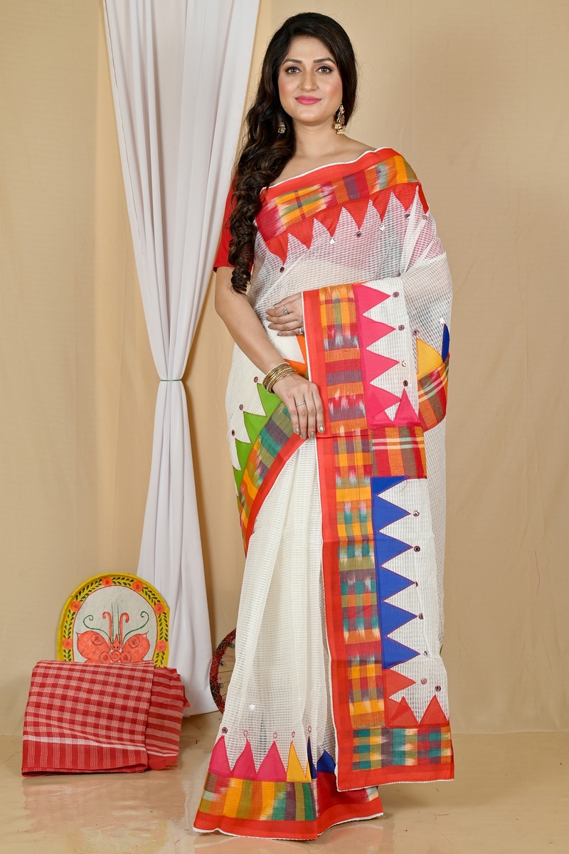White Blended Cotton Aplika Applique Saree (1995)