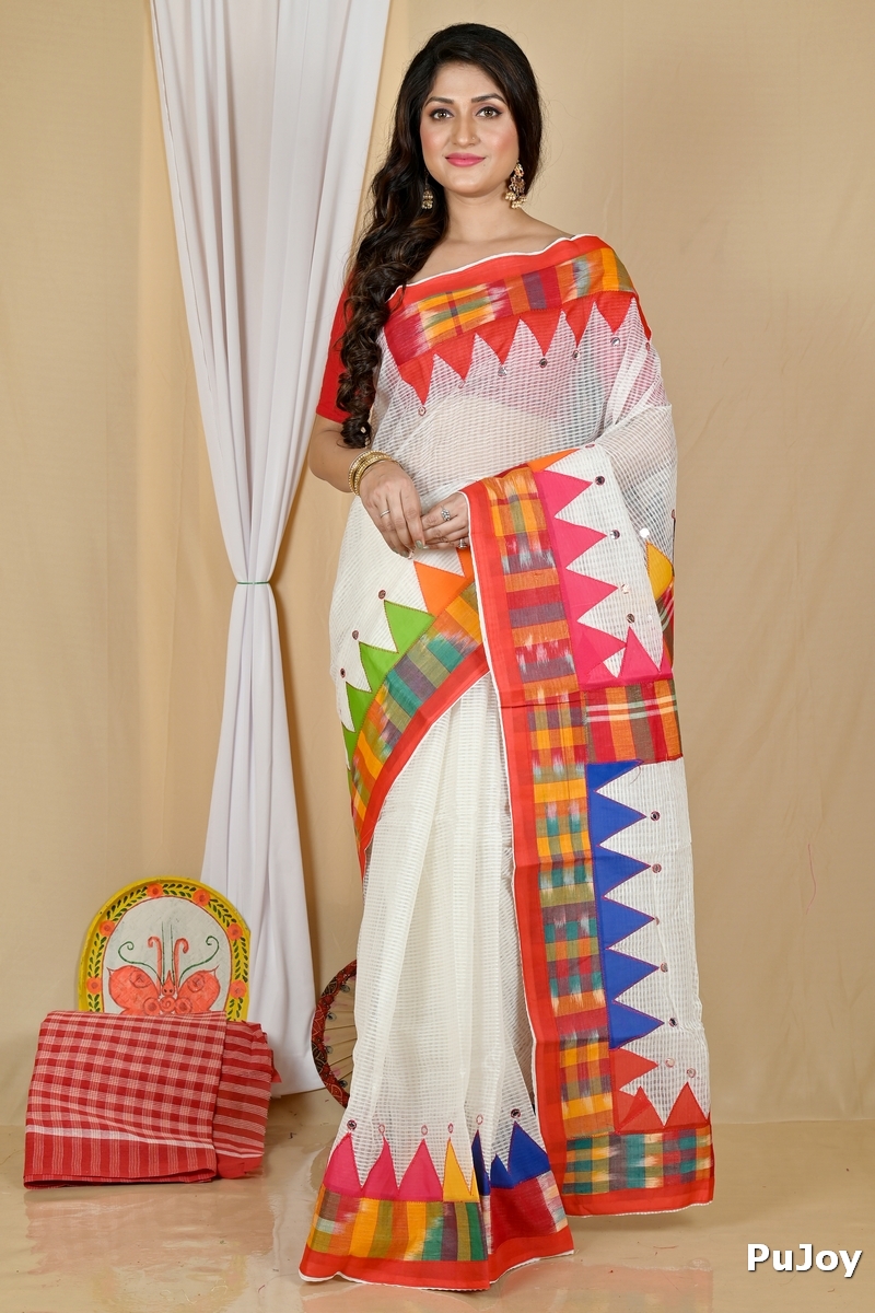 White Blended Cotton Aplika Applique Saree (1995)