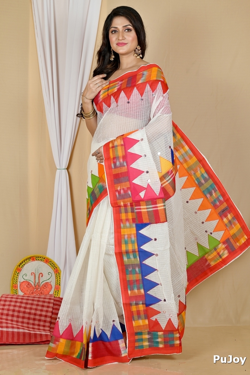 White Blended Cotton Aplika Applique Saree (1995)