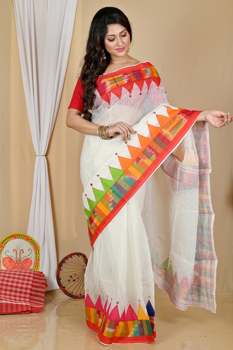 White Blended Cotton Aplika Applique Saree (1995)