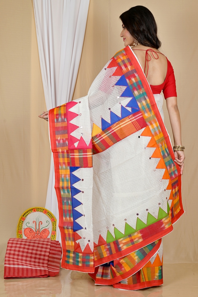 White Blended Cotton Aplika Applique Saree (1995)