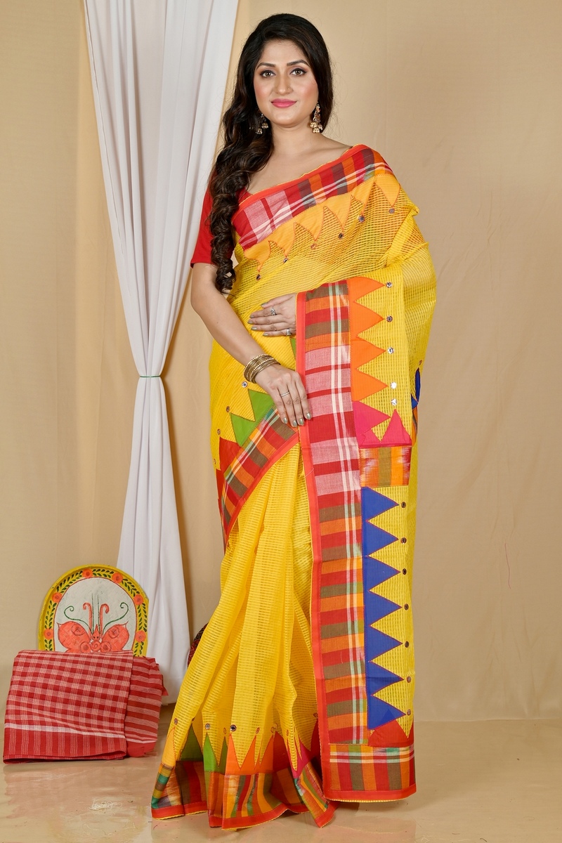 Yellow Blended Cotton Aplika Applique Saree (1996)