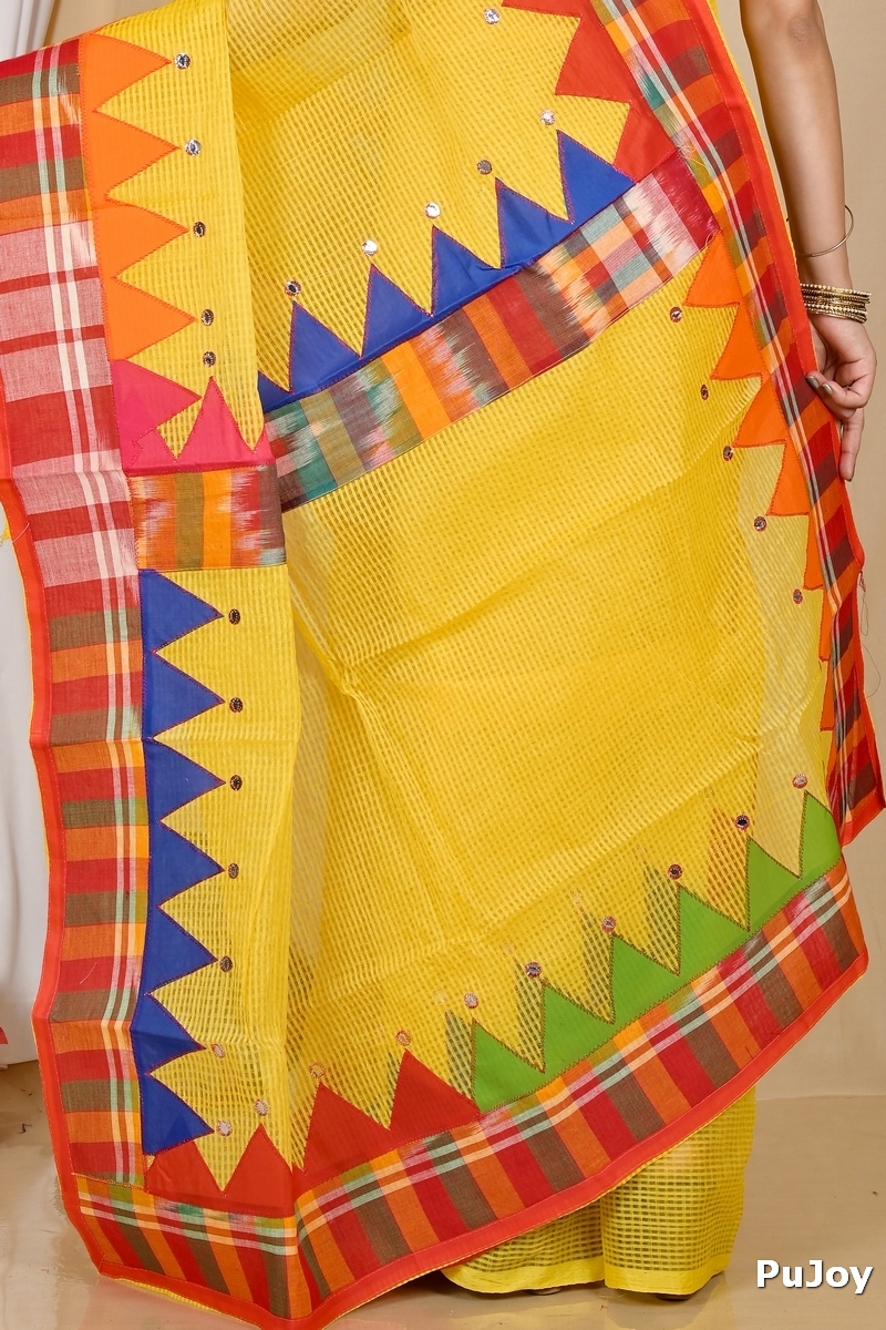 Yellow Blended Cotton Aplika Applique Saree (1996)