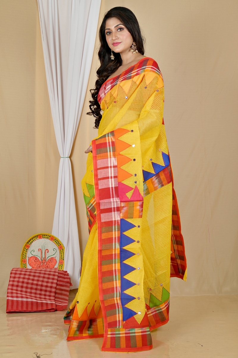 Yellow Blended Cotton Aplika Applique Saree (1996)