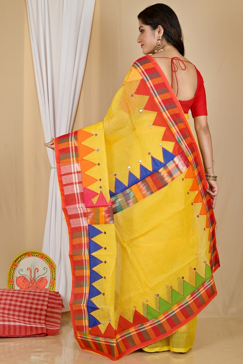 Yellow Blended Cotton Aplika Applique Saree (1996)