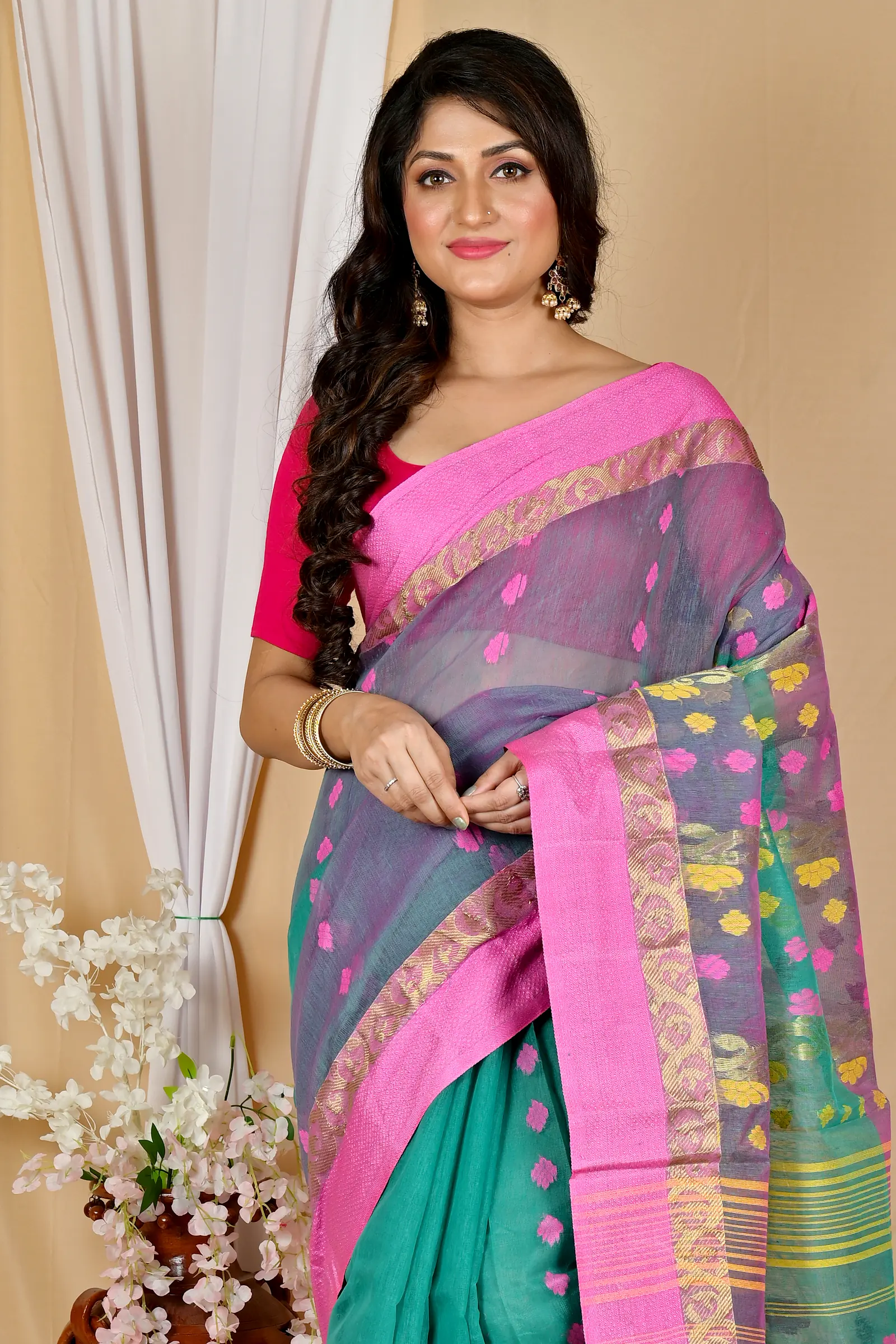 Green Pink Pure Cotton Madhka Tant Saree (1997)