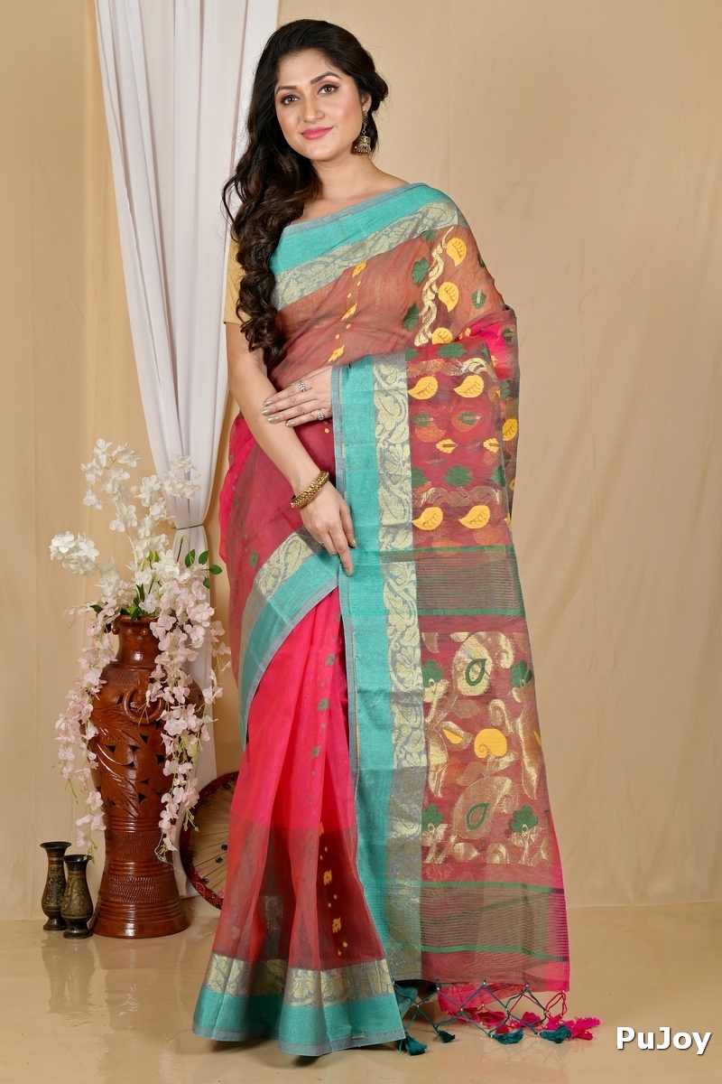 Red Green Pure Cotton Madhka Tant Saree (2000)