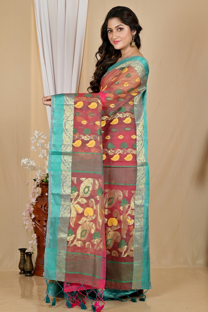 Red Green Pure Cotton Madhka Tant Saree (2000)