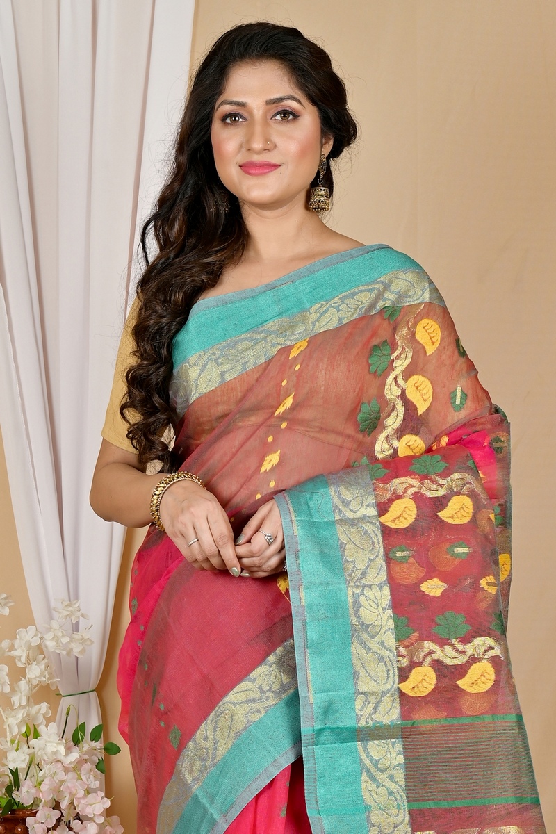 Red Green Pure Cotton Madhka Tant Saree (2000)