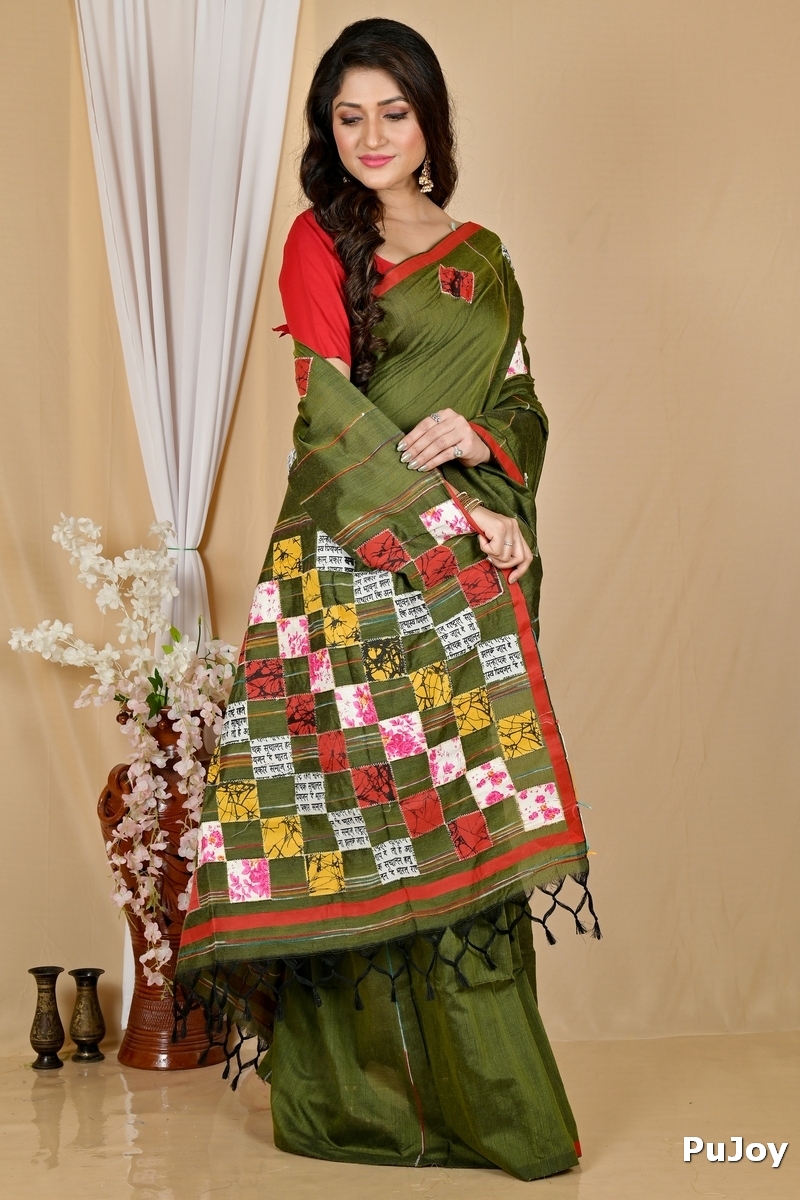 Dark Green Pure Cotton Aplika Tanu Applique Saree (2001)