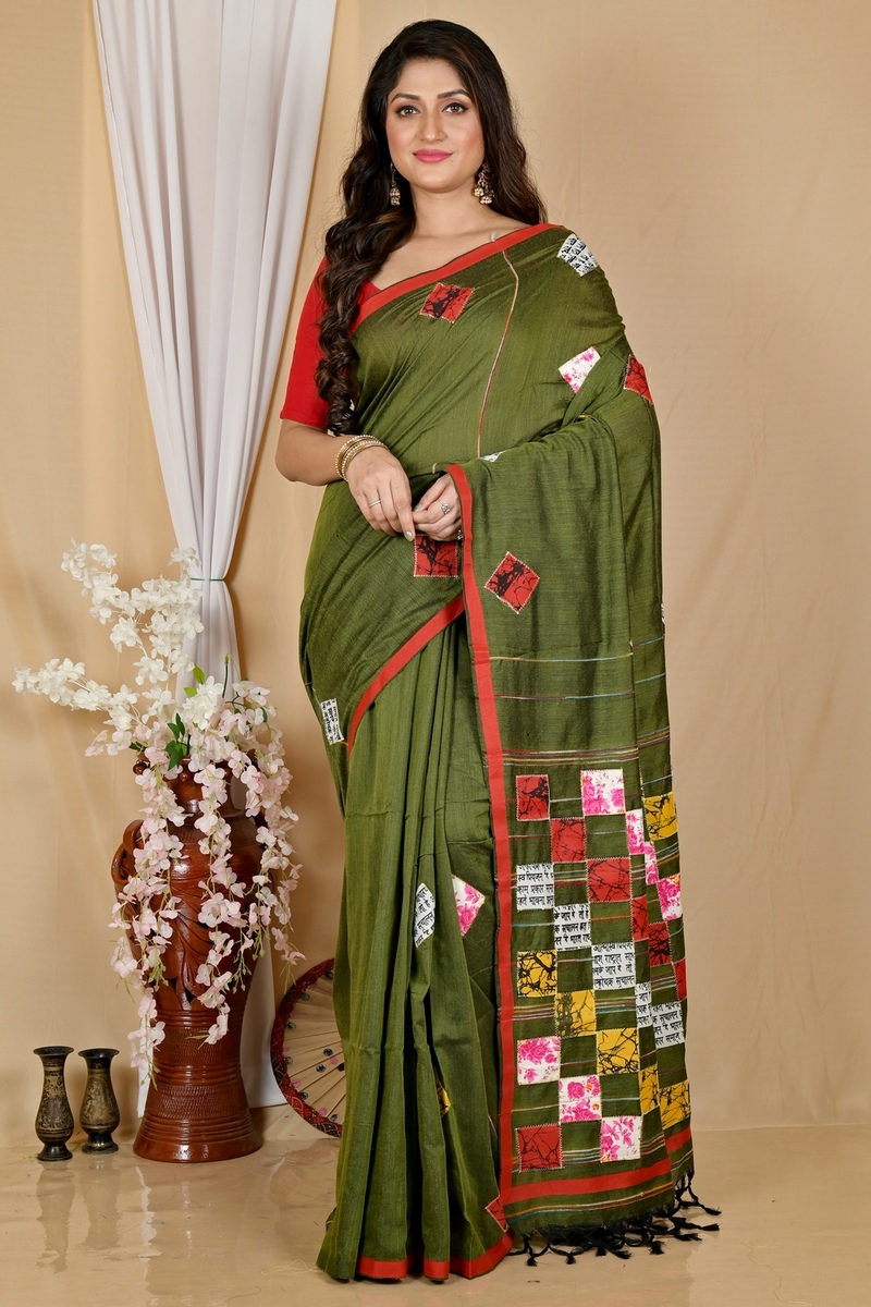 Dark Green Pure Cotton Aplika Tanu Applique Saree (2001)