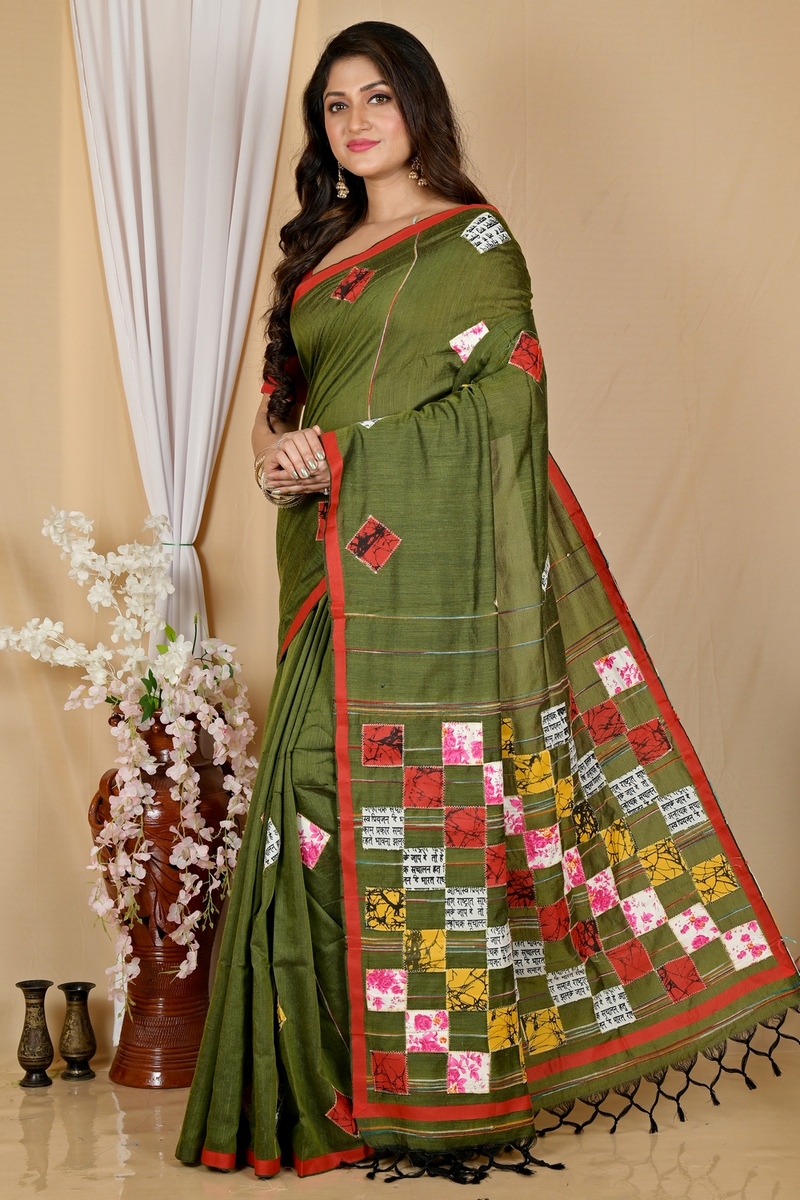Dark Green Pure Cotton Aplika Tanu Applique Saree (2001)