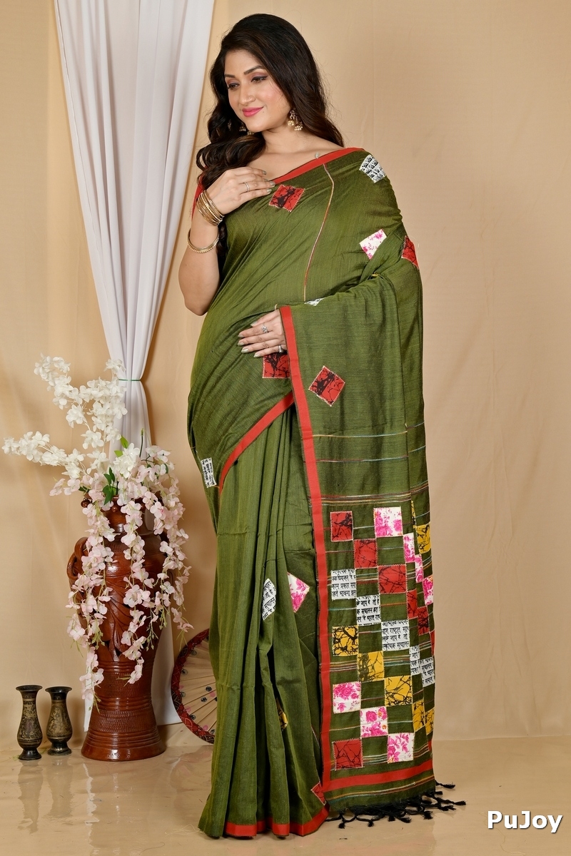 Dark Green Pure Cotton Aplika Tanu Applique Saree (2001)