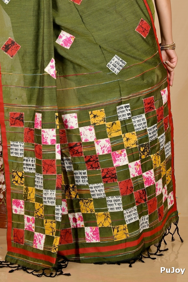 Dark Green Pure Cotton Aplika Tanu Applique Saree (2001)