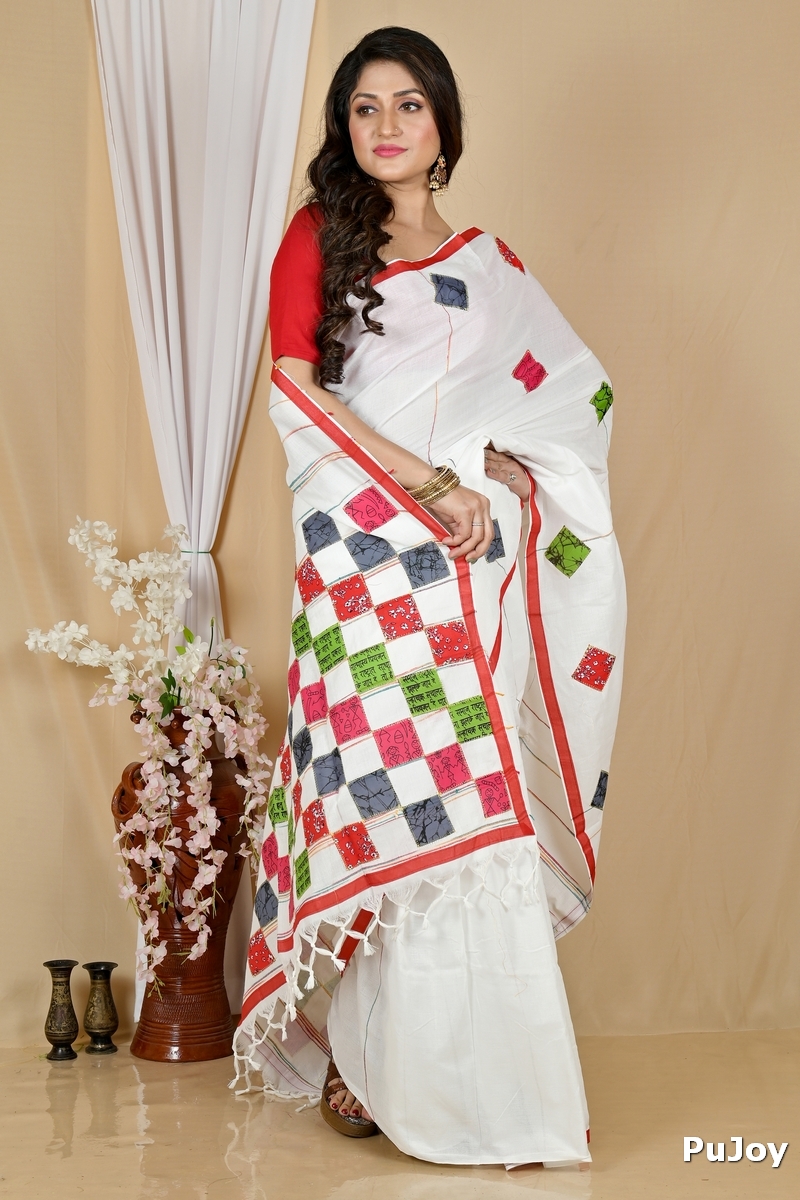 White Pure Cotton Aplika Tanu Applique Saree (2002)