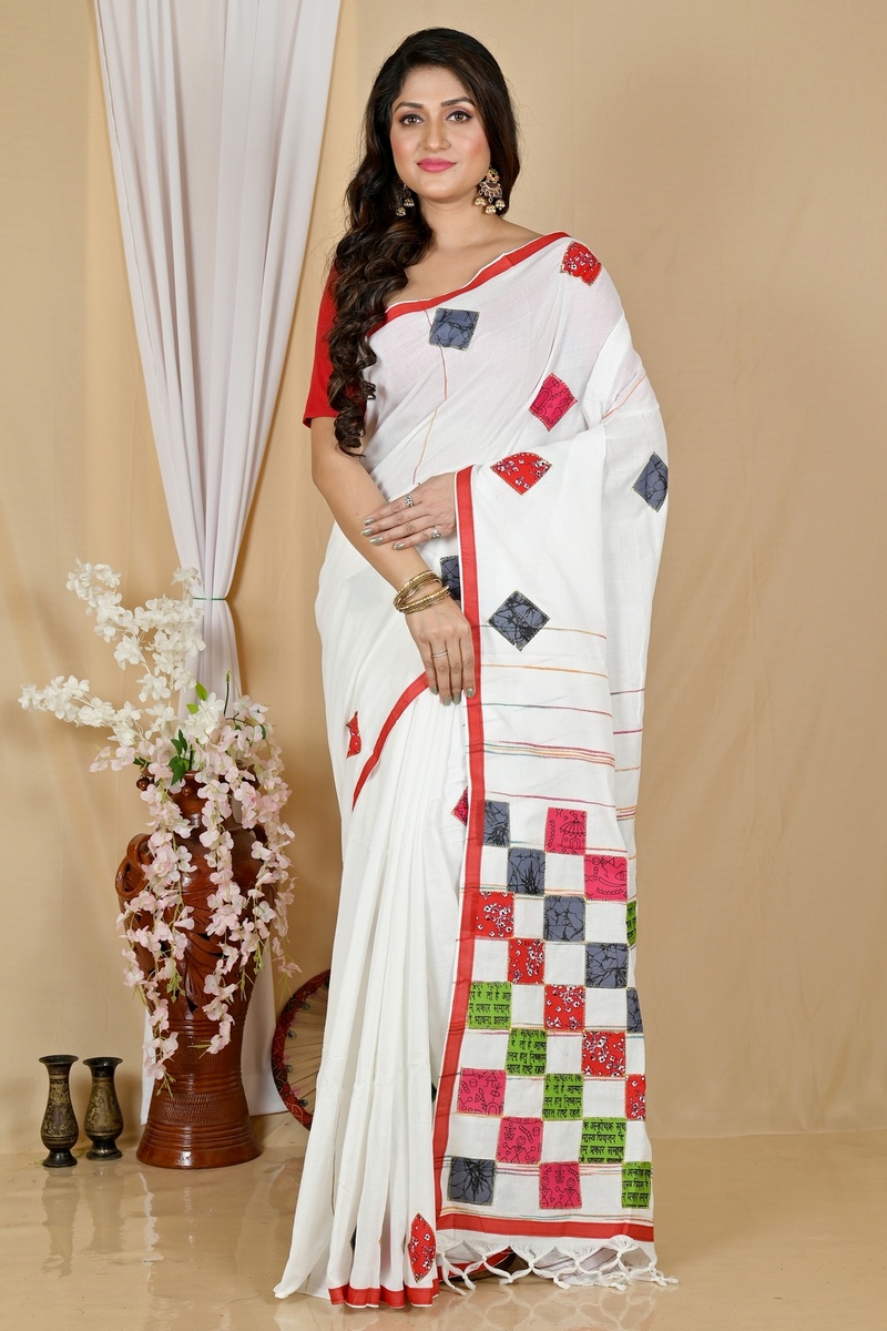 White Pure Cotton Aplika Tanu Applique Saree (2002)