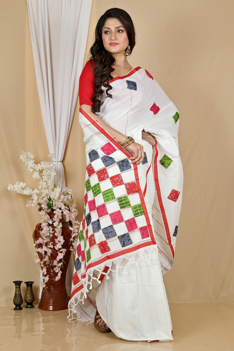 White Pure Cotton Aplika Tanu Applique Saree (2002)