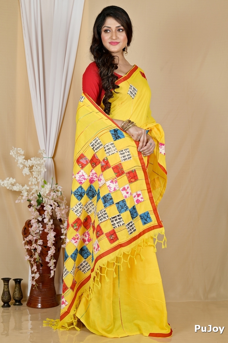 Yellow Pure Cotton Aplika Tanu Applique Saree (2003)