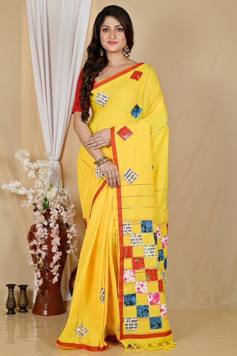 Yellow Pure Cotton Aplika Tanu Applique Saree (2003)
