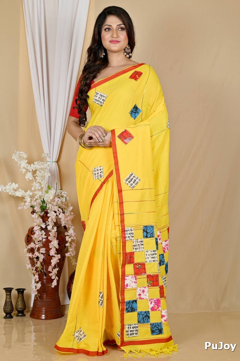 Yellow Pure Cotton Aplika Tanu Applique Saree (2003)