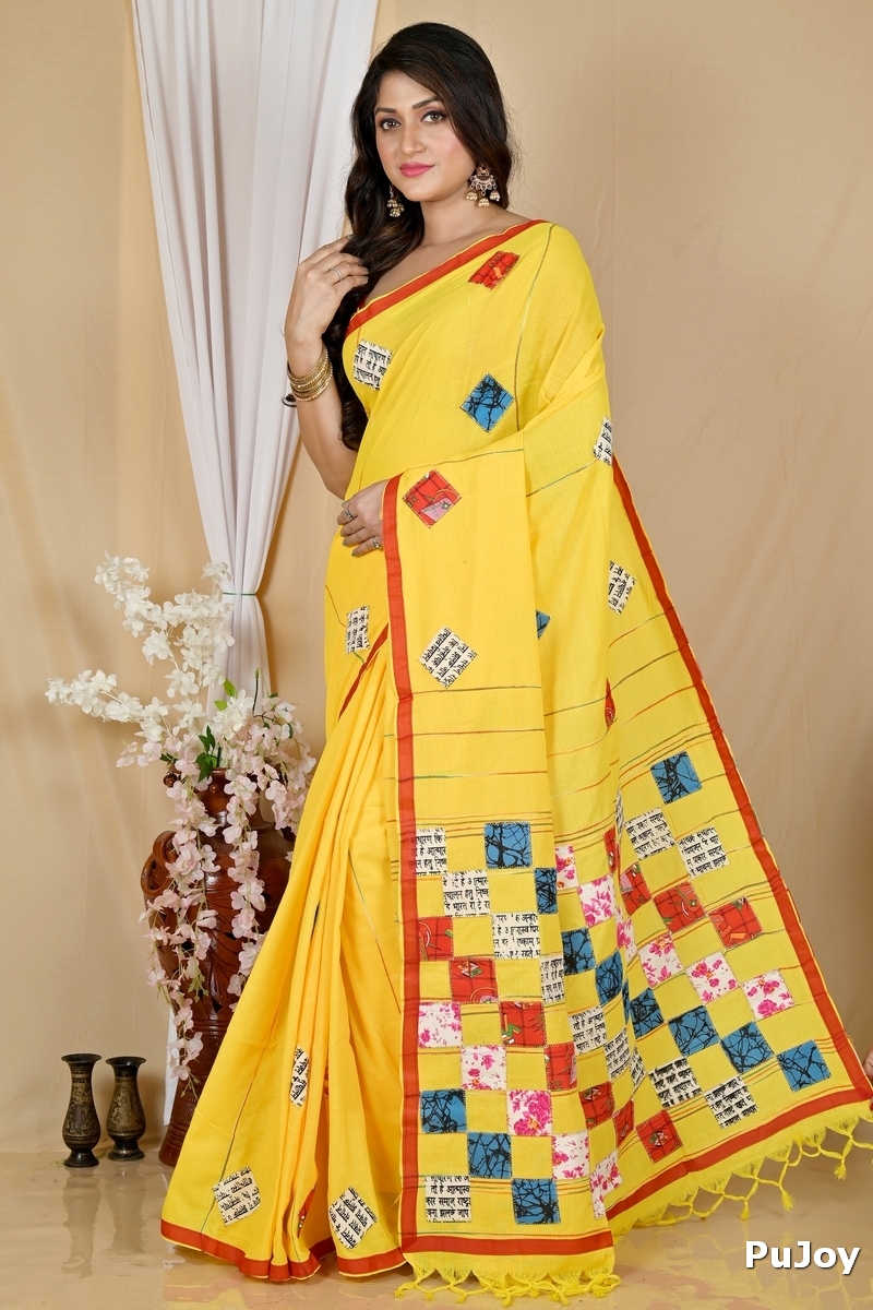Yellow Pure Cotton Aplika Tanu Applique Saree (2003)