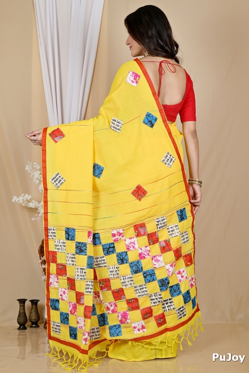Yellow Pure Cotton Aplika Tanu Applique Saree (2003)