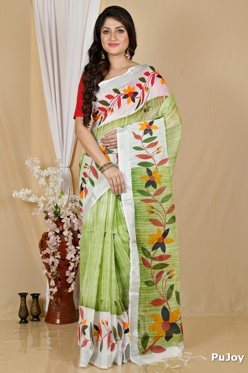 Olive Green Blended Cotton Korel Printed Handloom Saree (2006)