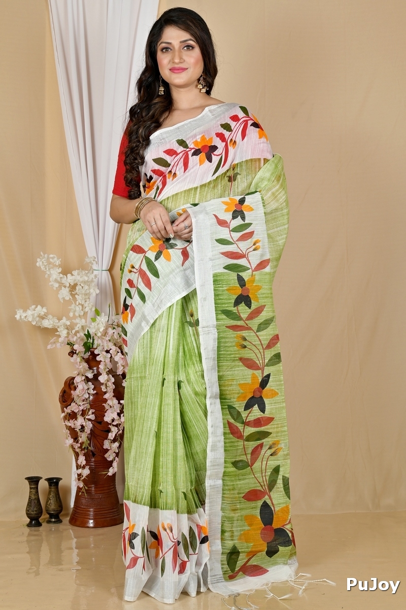Olive Green Blended Cotton Korel Printed Handloom Saree (2006)
