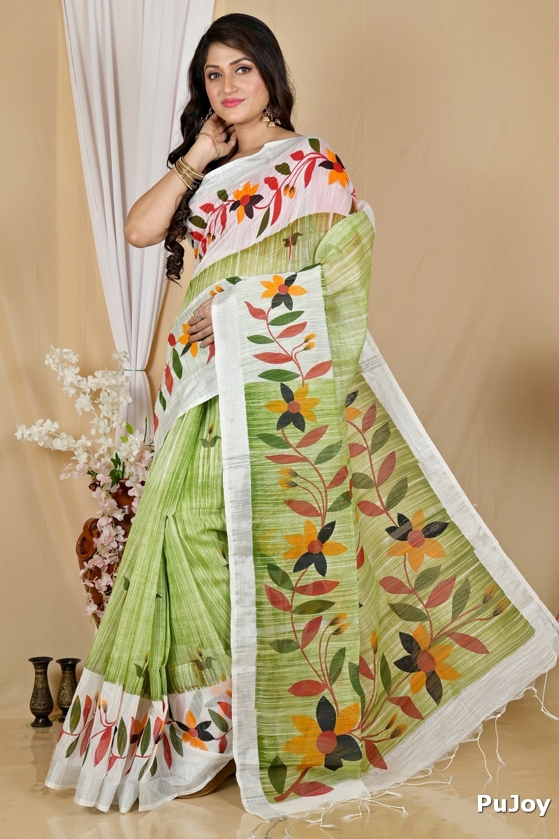 Olive Green Blended Cotton Korel Printed Handloom Saree (2006)