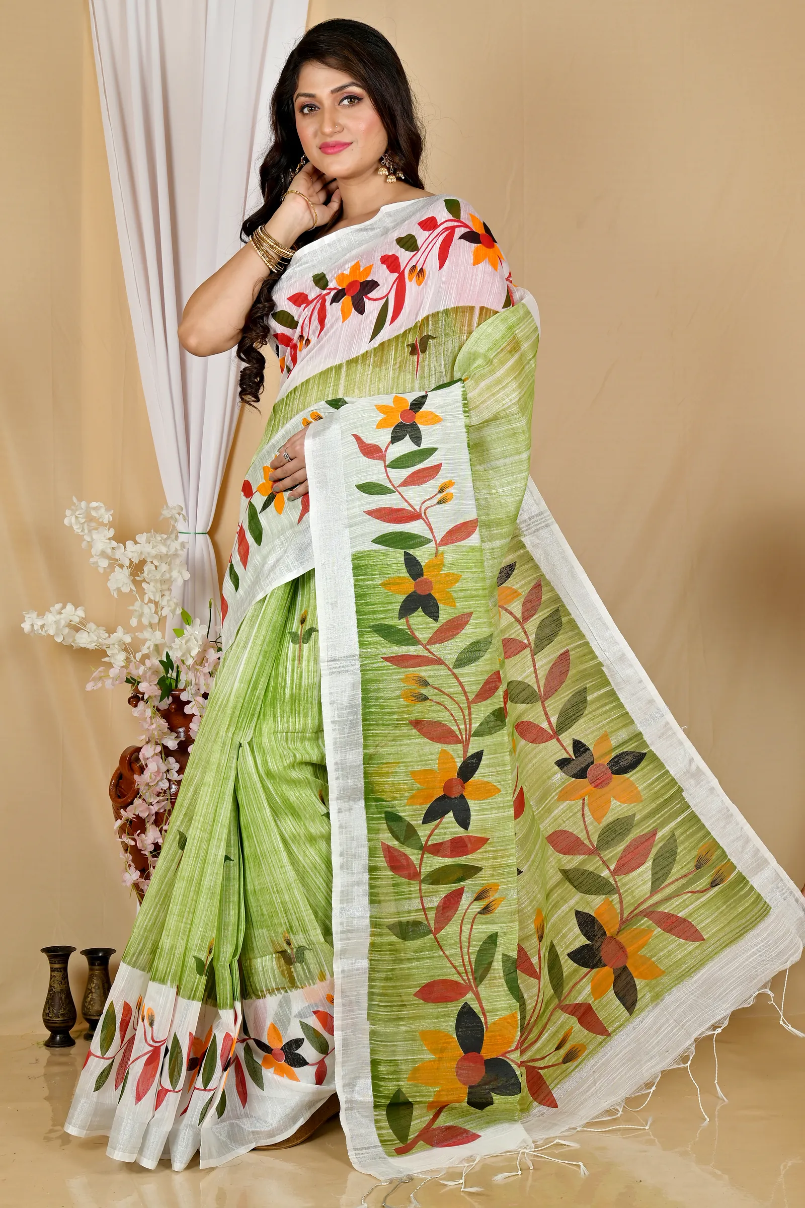 Olive Green Blended Cotton Korel Printed Handloom Saree (2006)