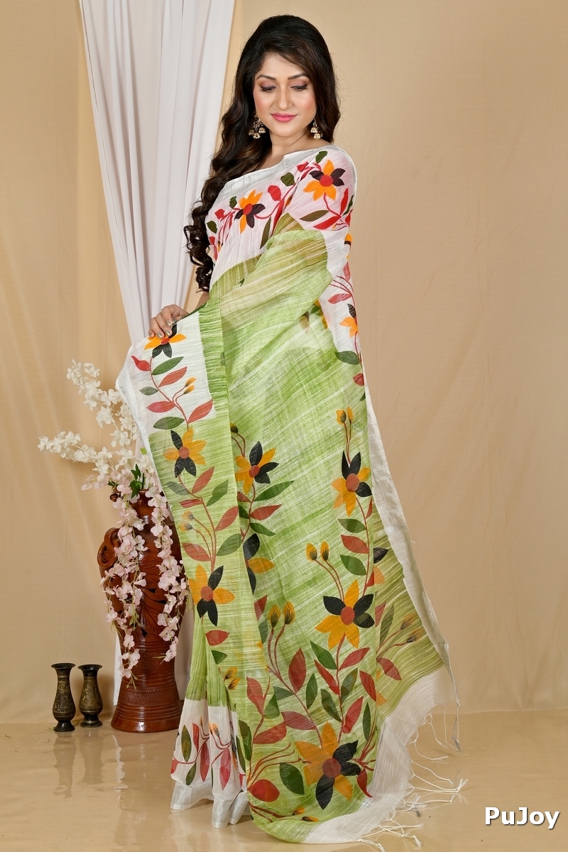 Olive Green Blended Cotton Korel Printed Handloom Saree (2006)