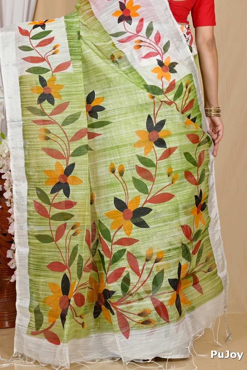 Olive Green Blended Cotton Korel Printed Handloom Saree (2006)