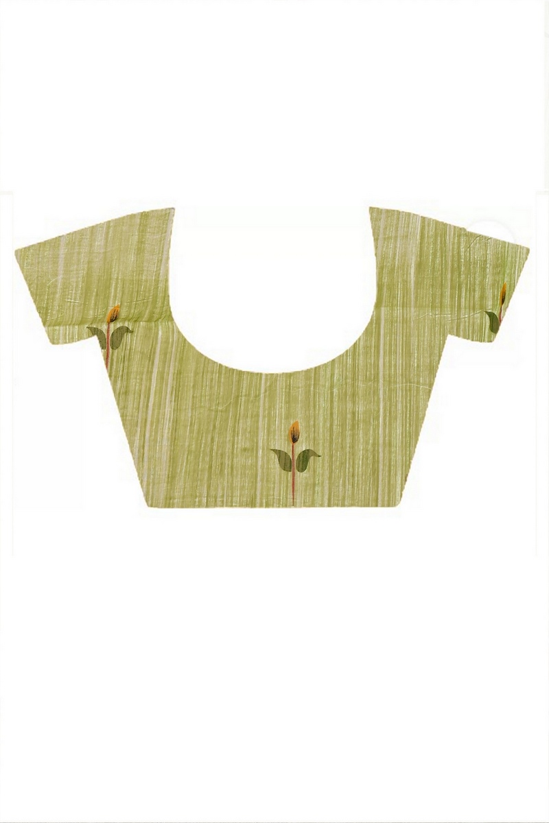 Olive Green Blended Cotton Korel Printed Handloom Saree (2006)