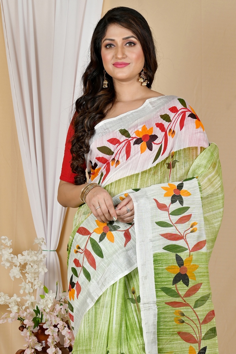 Olive Green Blended Cotton Korel Printed Handloom Saree (2006)