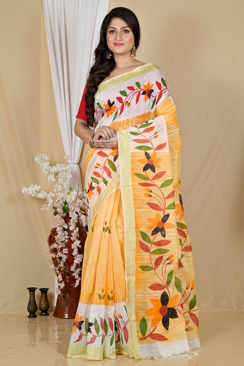 Yellow White Blended Cotton Korel Printed Handloom Saree (2007)