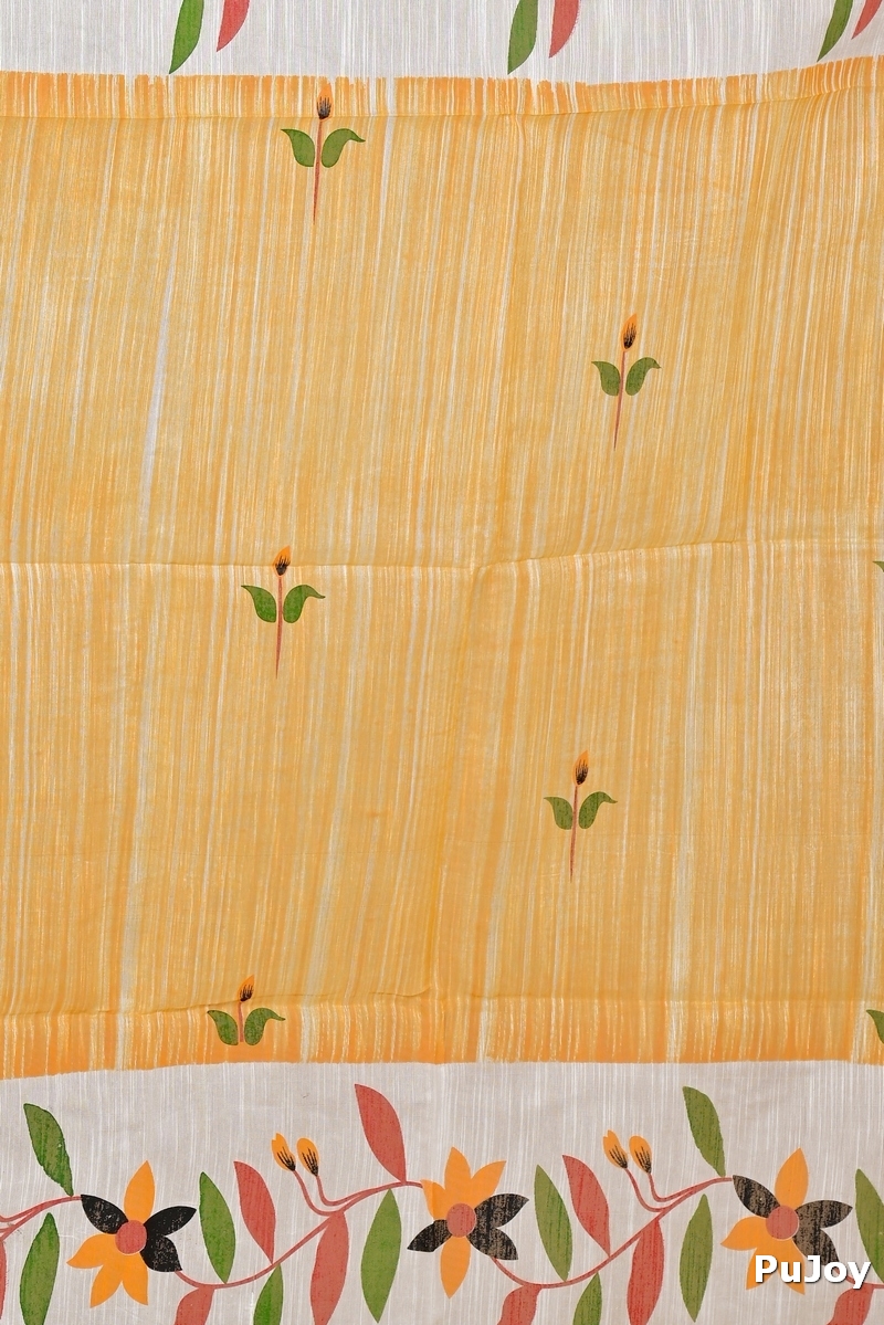 Yellow White Blended Cotton Korel Printed Handloom Saree (2007)