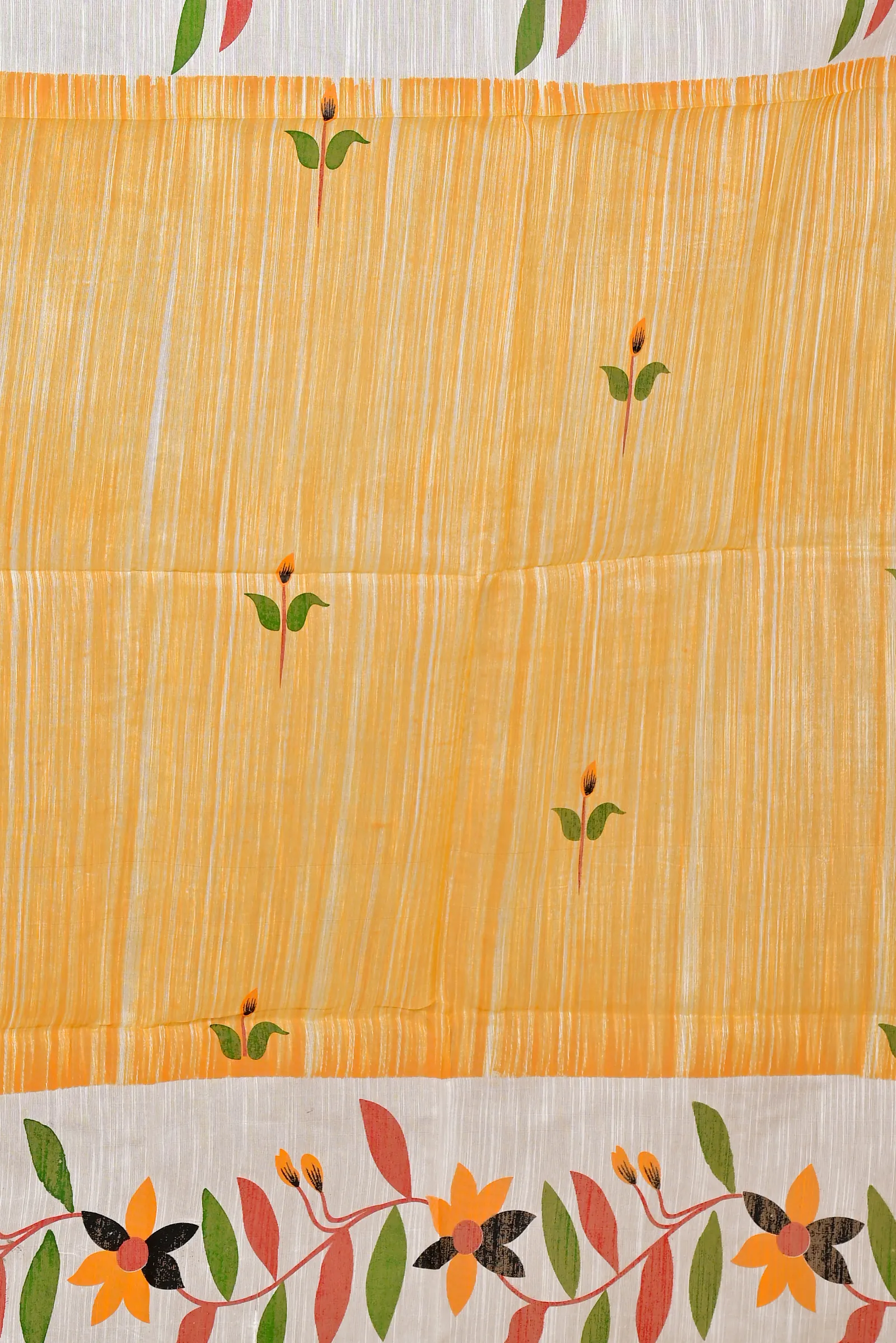 Yellow White Blended Cotton Korel Printed Handloom Saree (2007)