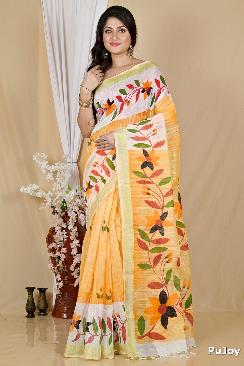 Yellow White Blended Cotton Korel Printed Handloom Saree (2007)