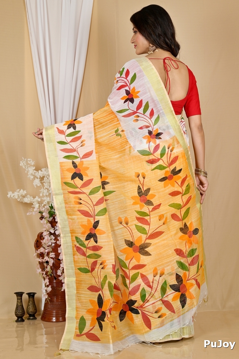 Yellow White Blended Cotton Korel Printed Handloom Saree (2007)