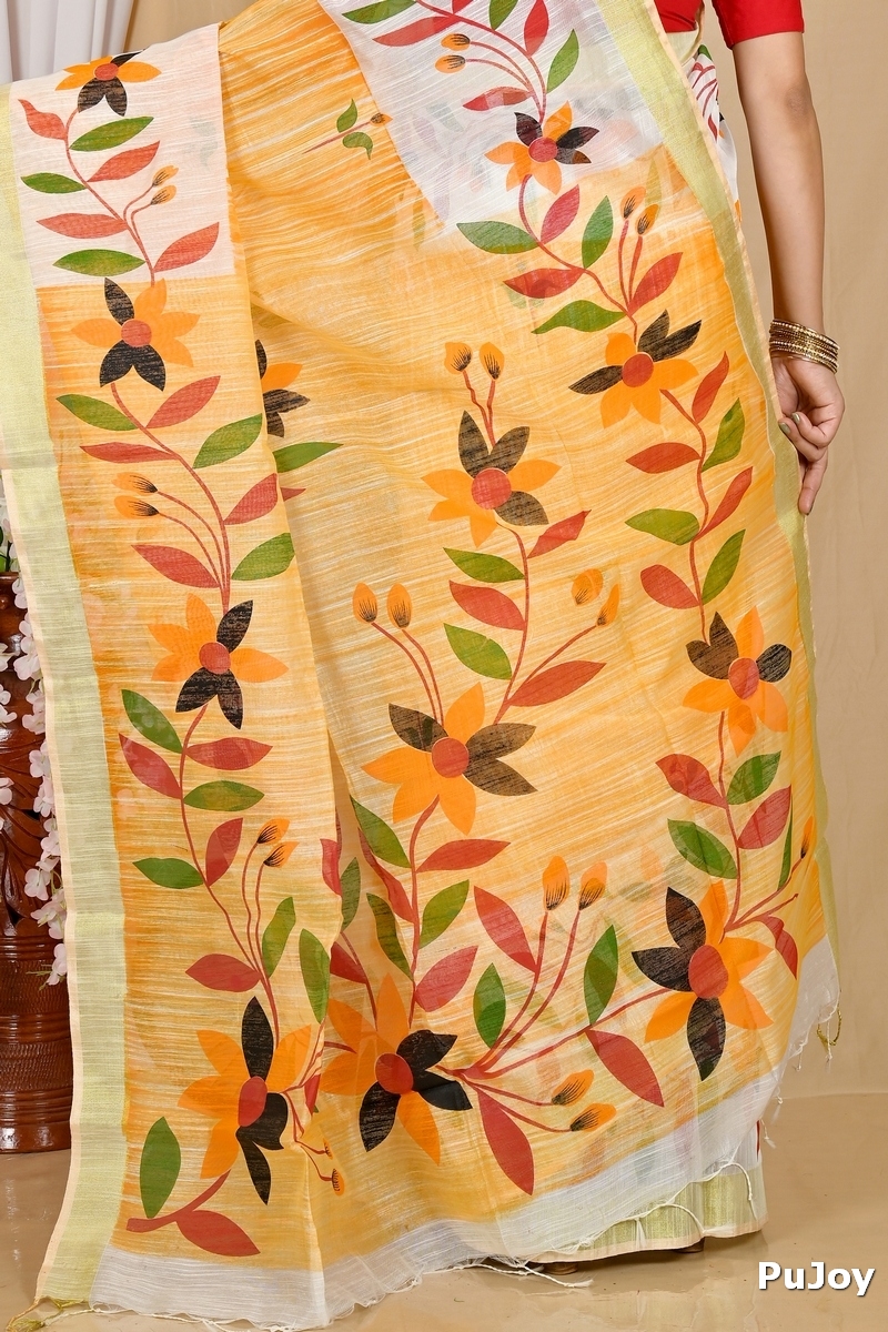 Yellow White Blended Cotton Korel Printed Handloom Saree (2007)