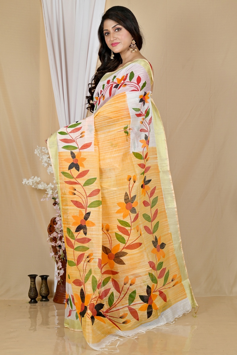 Yellow White Blended Cotton Korel Printed Handloom Saree (2007)