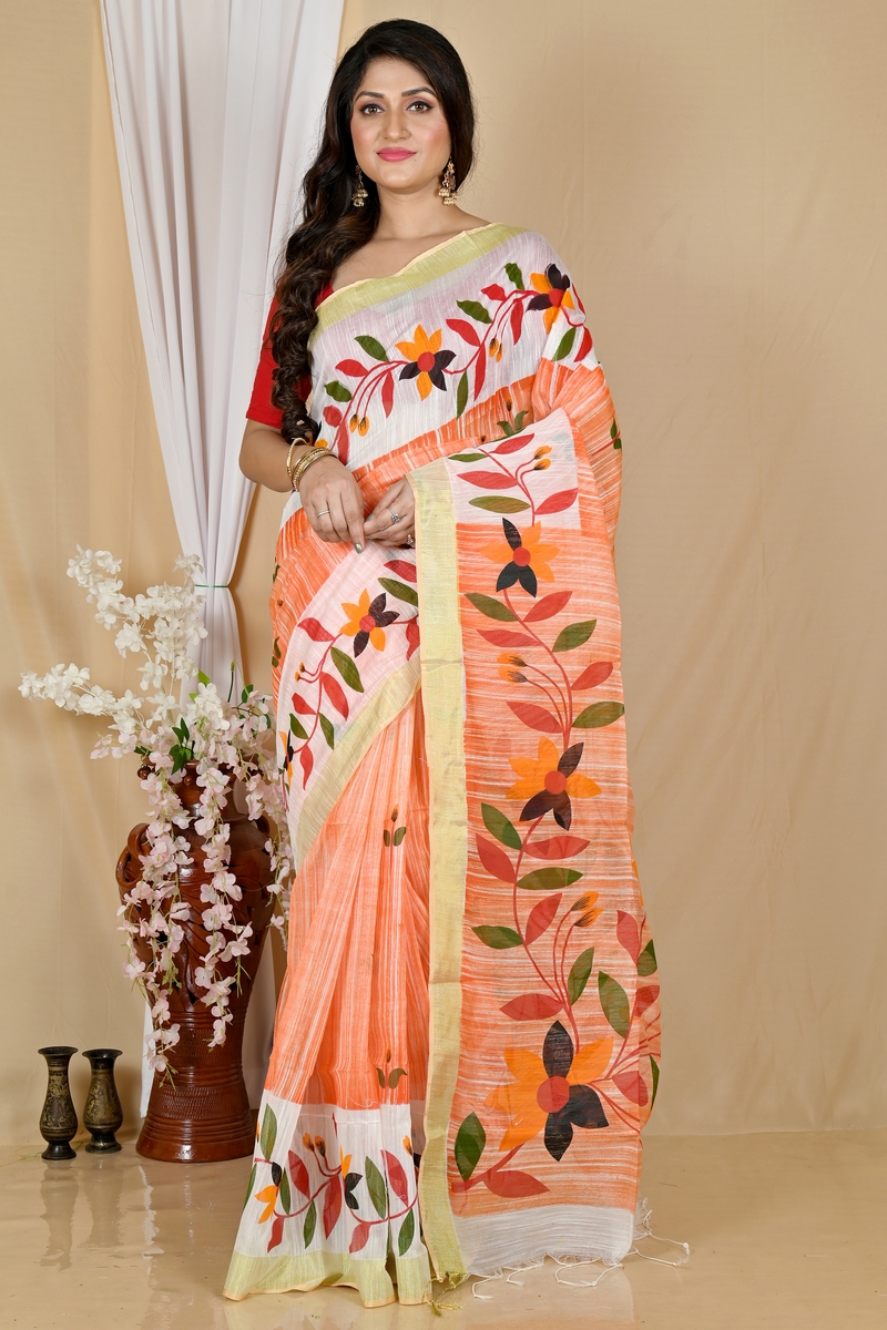 Orange White Blended Cotton Korel Printed Handloom Saree (2008)