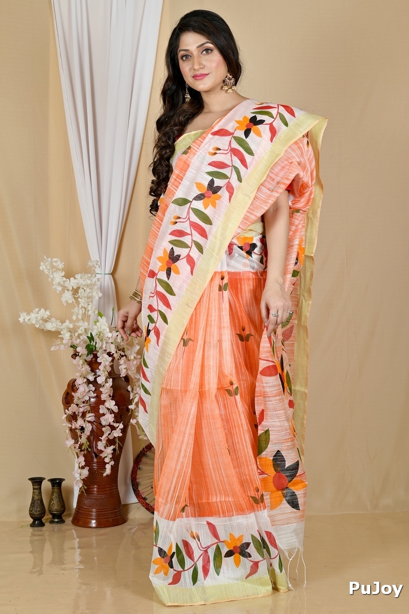 Orange White Blended Cotton Korel Printed Handloom Saree (2008)
