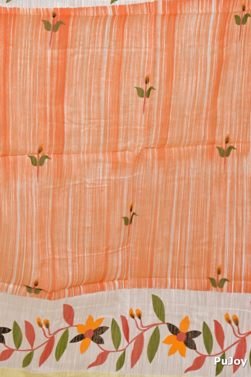 Orange White Blended Cotton Korel Printed Handloom Saree (2008)